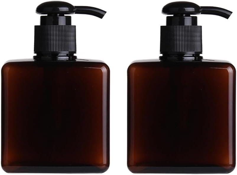 2PCS 250ML/8.4oz Amber Square Pump Bottle Empty Plastic Lotion Dispenser Toiletries Storage Containers Refillable Pump Bottles for Dispensing Lotions Shampoos