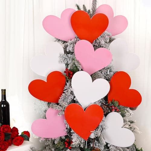 FOIMAS 12pcs Valentine's Day Decorations Tree Picks Extra Large Red Pink White Heart Valentine Trees Ornaments, Heart Tree Picks for Valentine Trees Topper Wedding Party Vase Pathway Walkway Decor