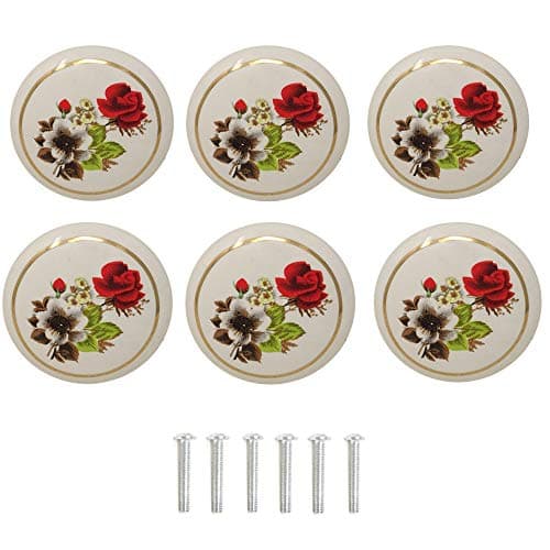 yueton 6Pcs 1-1/2 inch Hand Painted Ceramic Knobs Kitchen Cabinet Retro Vintage Door Drawer Handles Pulls for Dresser Cupboard Wardrobe (Red Rose)