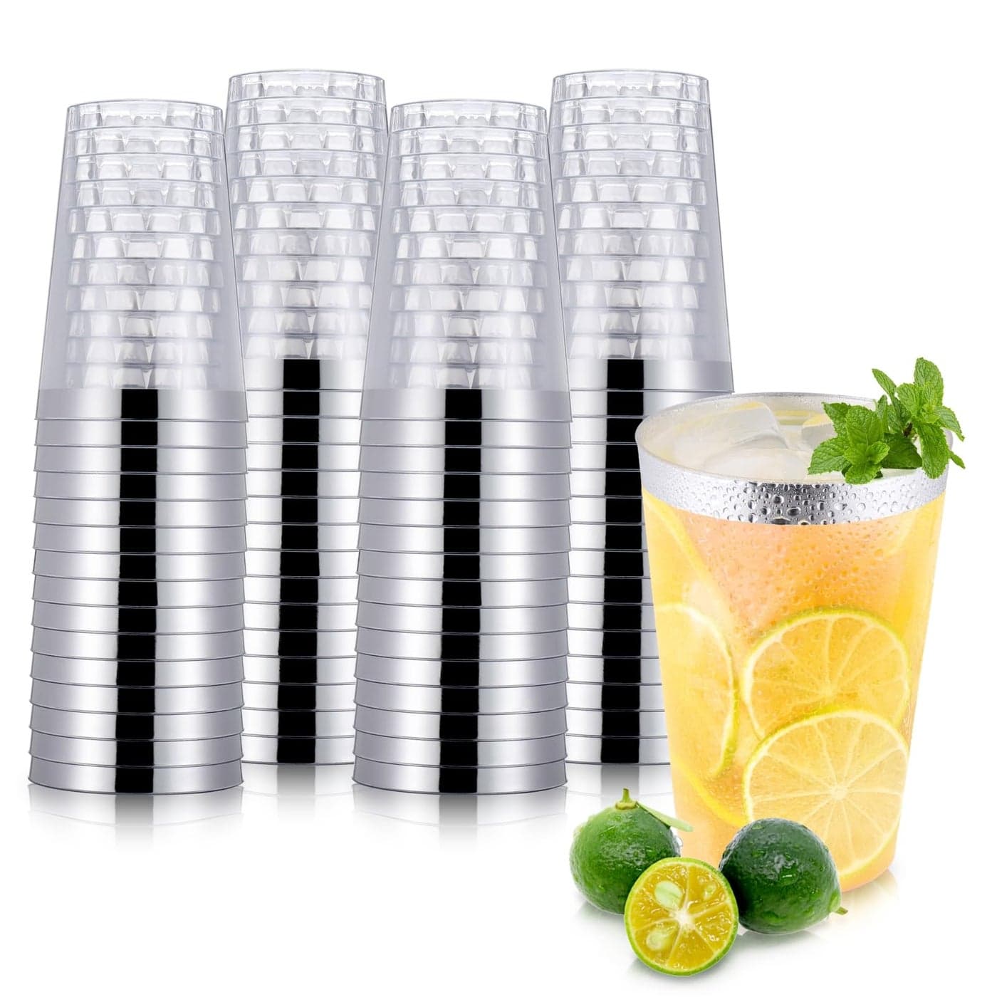 Hejo 60PCS Silver Rimmed Plastic Cups 360 ml12oz Plastic Glasses Plastic Wine Glasses Reusable for Cocktail Champagne Beer Martini Dessert