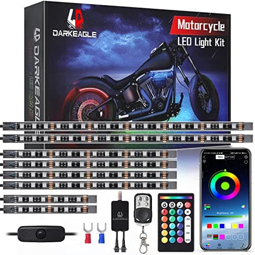 LD DARKEAGLE 8PCS Motorcycle RGB LED Light Kits with APP/RF Remote, Dual Zone Strip Lights with Brake Turn Signal, 12V Waterproof Multi-Color Motorcycle Underglow Lights for Harley Honda