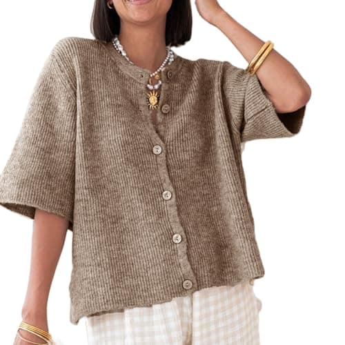 Women Y2K Cardigan Sweater Short Sleeve Button Down Ribbed Knit Crop Top Fall Winter Going Out Sweater (Dark Khaki, S)