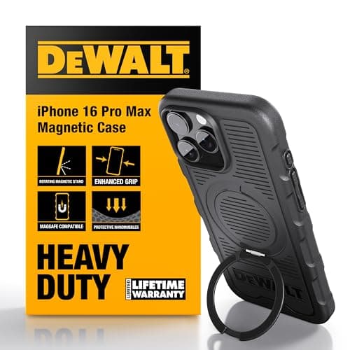 DEWALT 360° Rotatable Magnetic Ring for iPhone 16 Pro Max Case, Heavy Duty Drop Protection Fit for MagSafe w/Stand & Ring Holder, Shockproof Nanobubbles for iPhone 16 Pro Max Phone Case Ostand, Black