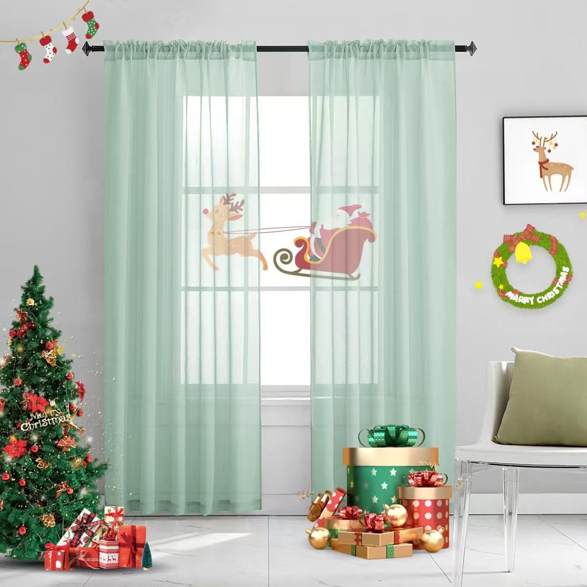 TOAVA DECO Christmas Mint Green Semi Sheer Curtains 84 Inches Long Faux Linen Mint Green Sheers Rod Pocket for Bedroom Living Room Girls Kids Room 2 Panels Xmas 52x84
