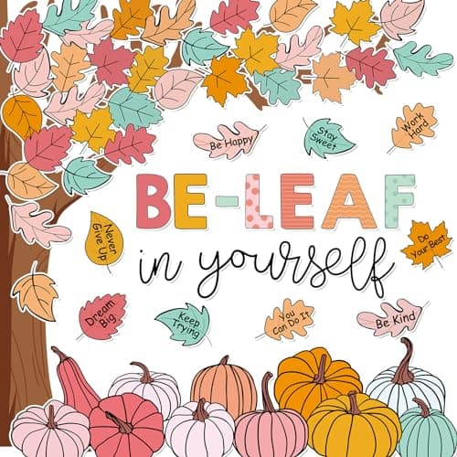 JarThenaAMCS 73Pcs Fall Tree Bulletin Board Decoration Motivational Boho Maple Leaf Pumpkin Cutouts for Autumn Thanksgiving Classroom Wall Chalkboard Decor