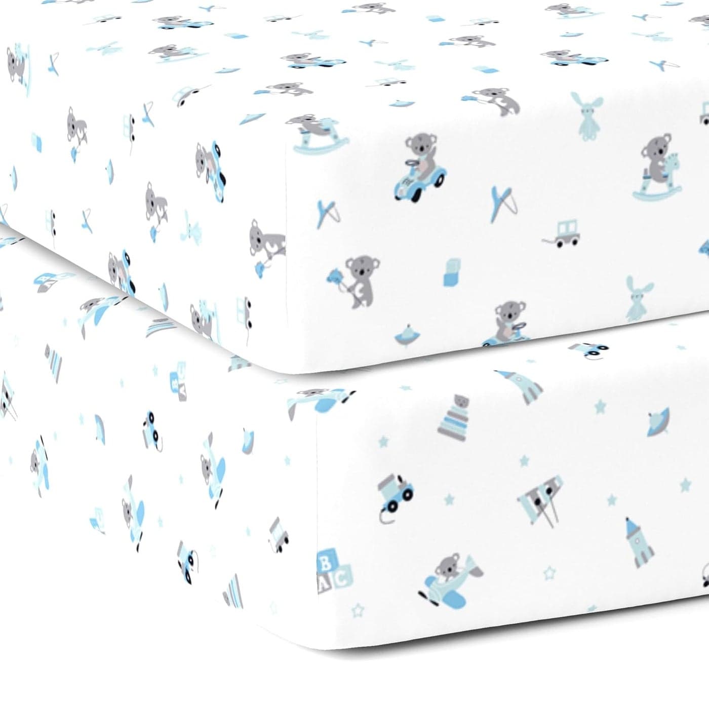 Cotton Baby Crib Fitted Bed Sheets for Cot Organic Twill Fabric Baby Bedding for New Born Infants Toddlers 48x24 Pack of 2 The White Cradle Blue Bear 1 and 2