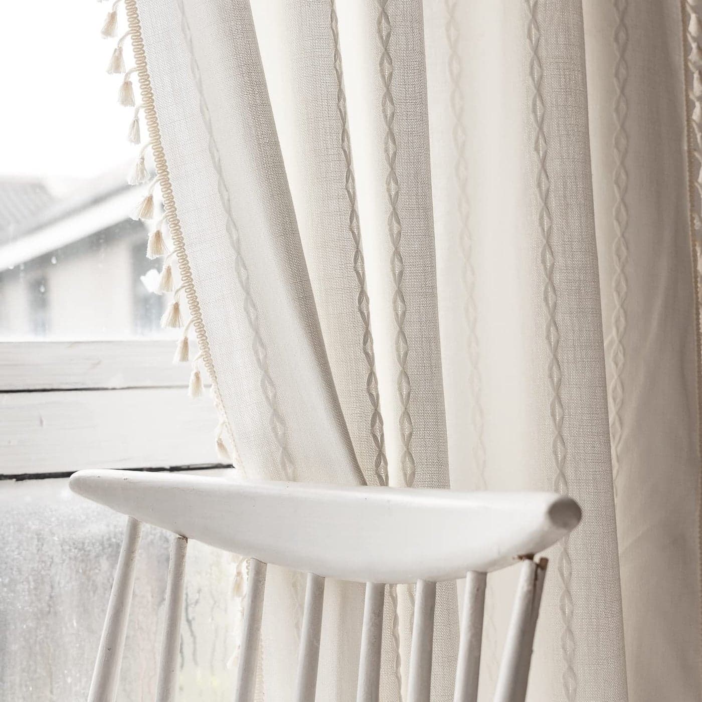 Deeprove White Boho Curtains 96 Inches Long for Nursery Bedroom Christmas Decor Bohemian Embroidery Cream Weighted Cotton Linen French Country Window Treatments with Tassel W52 x L96 1 Panel