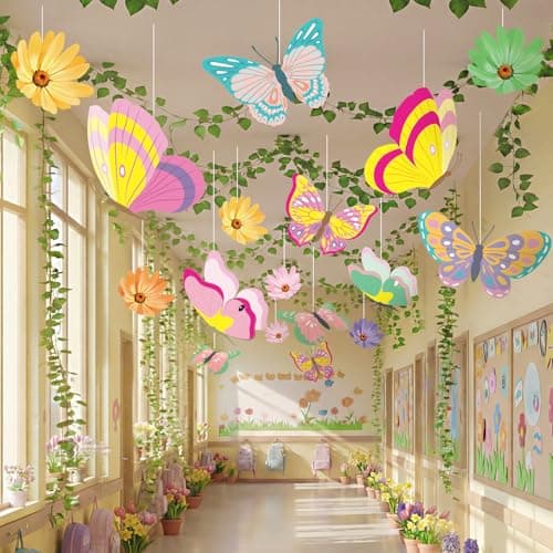 VioraWhite 30 Pcs Butterfly Ceiling Flowers Hanging Decor for Classroom Summer Decorations for Office Home with 20 Butterfly Bloom 10 Green Radish Garland Door School Classroom Decor