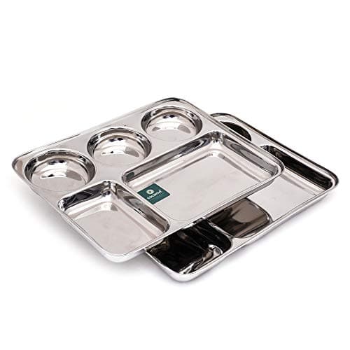 coconut Stainless Steel Rectangle/Square Deep Dinner Plate(Heavy Guage) with 4 Sections - Set of 2 - Diamater-13 Inches