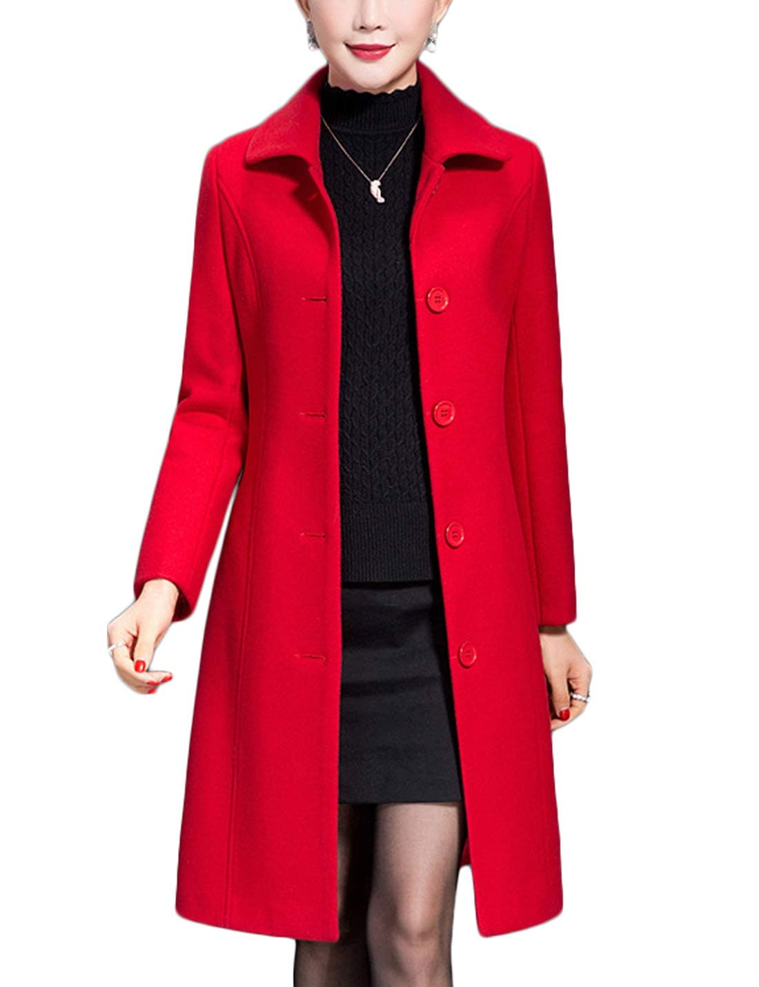 Jenkoon Womens Wool Trench Coat Winter Long Thick Overcoat Walker Coat Red Medium
