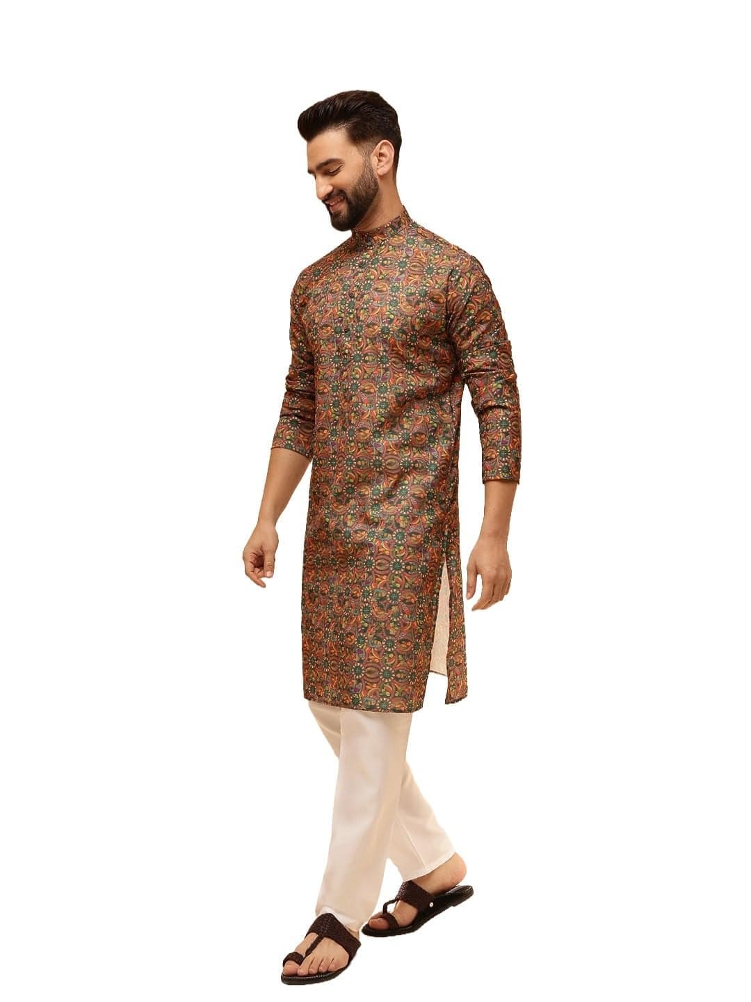 SOJANYA (Since 1958 Men's Cotton Linen Kalamkari Printed Multi & Green Only Long Kurta