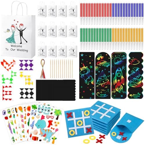 VercanMonth 60 Pcs Wedding Activities for Kids Includes 12 Gift Goodie Bags 12 Watercolor Pens 6 Snake Cube 12 Scratch Bookmarks 12 Animal Sticker 6 Felt Mini Board Game for Boys Girls Wedding Games