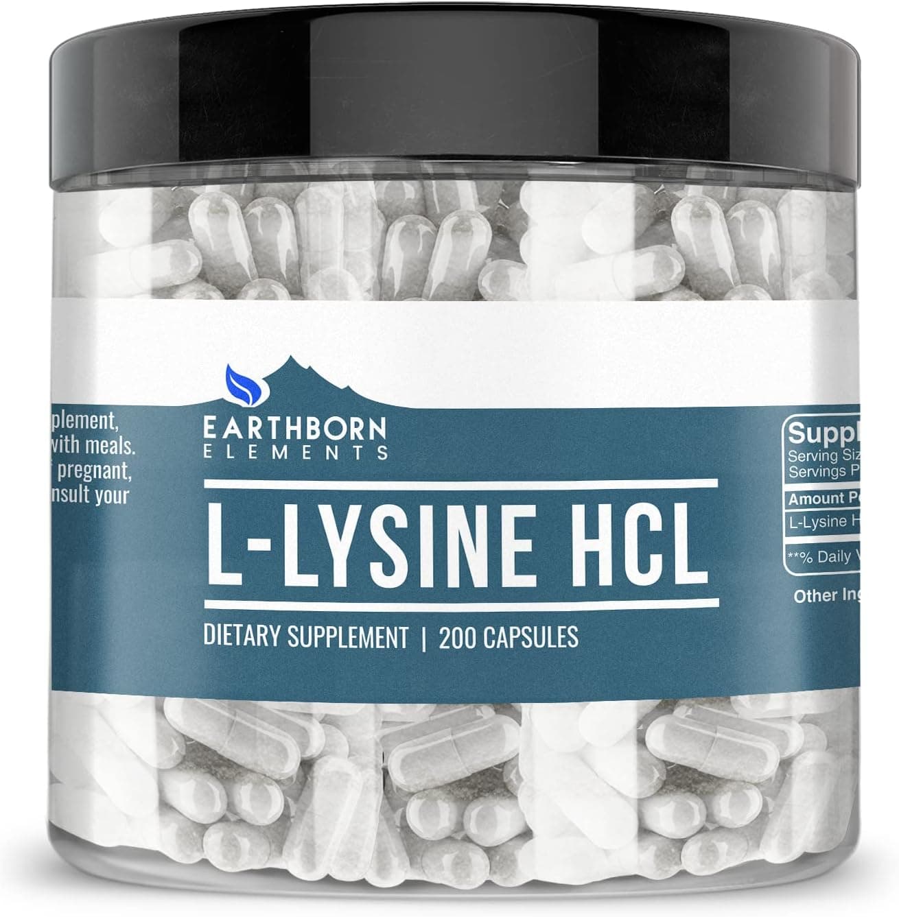 Earthborn Elements LLysine HCL 200 Capsules Pure Undiluted No Additives