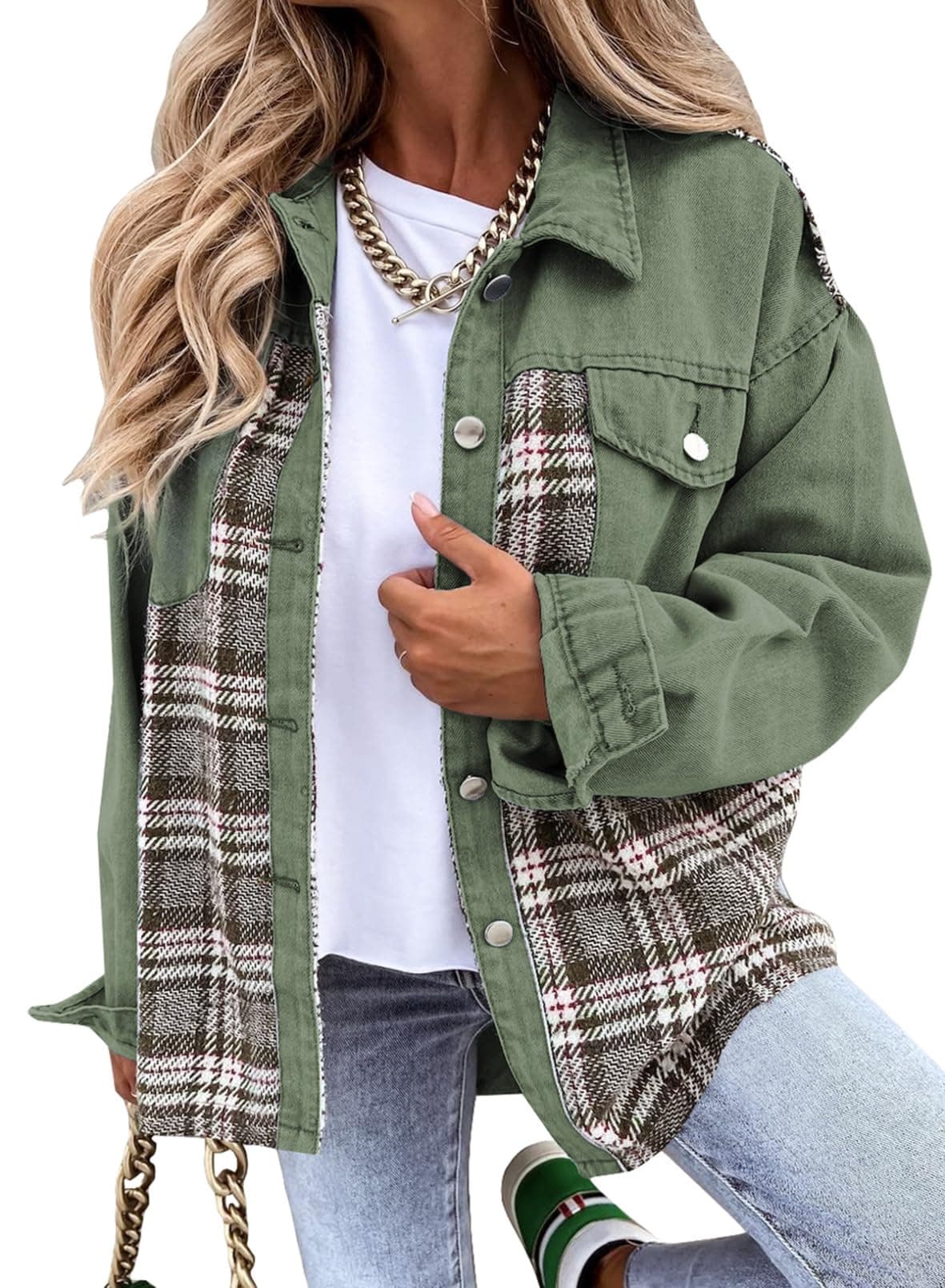 SHEWIN Denim Jacket for Women Long Sleeve Button Down Oversized jean Jacket Denim Shirt Fall Clothes Fleece Winter Coats for Women Green Medium