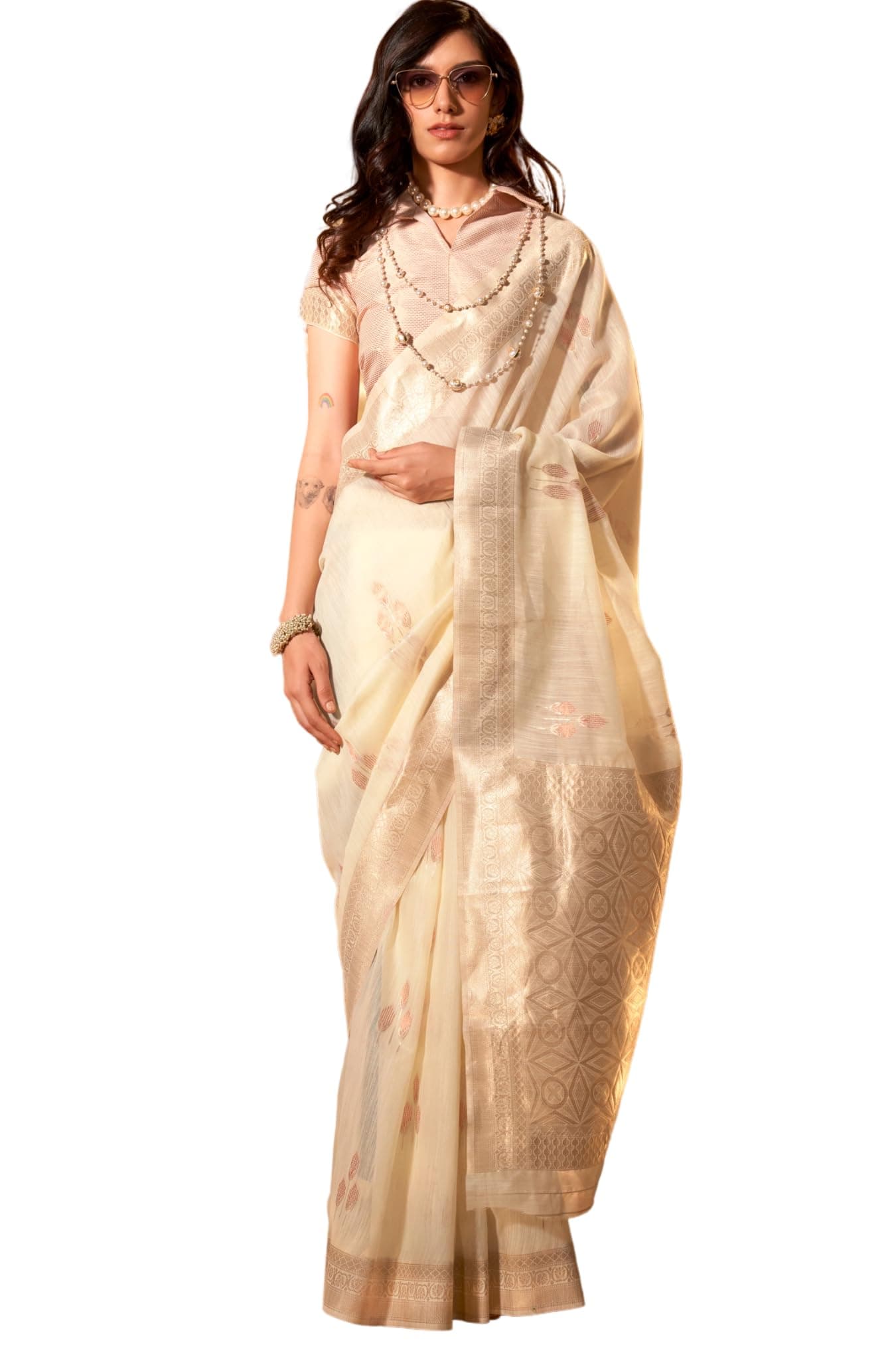 SGF11 Women's Kanjivaram Soft Cotton Linen Silk Saree With Unstitched Blouse Piece (Cold Cream)