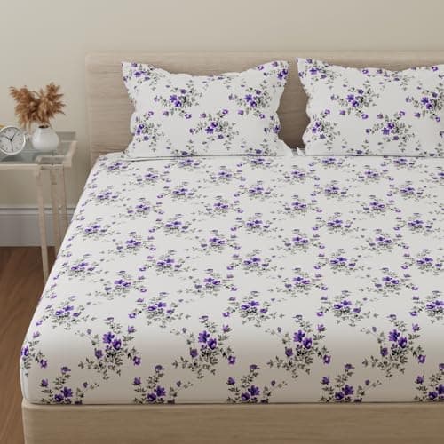 Huesland by Ahmedabad Cotton 144 TC Cotton Bedsheet for Double Bed with 2 Pillow Covers - White, Purple