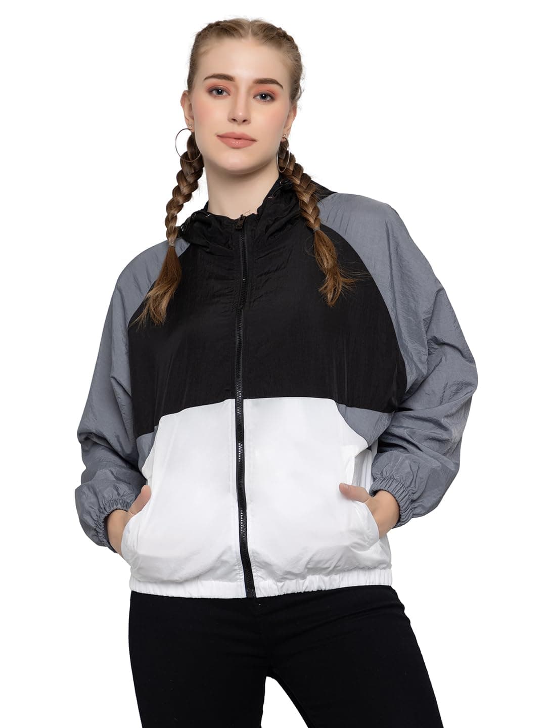 CHKOKKO Womens Stylish Oversized Windcheater Jacket with Zip Closure Lightweight Sportswear for Running Travel Hiking Outdoor and Rainy Season Wear BlackWhiteGrey S