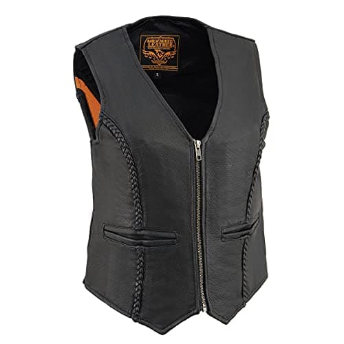 Milwaukee Leather MLL4550 Women's Black Premium Leather Classic Braided Deep V-Neck Motorcycle Rider Vest W/Front Zip - Small