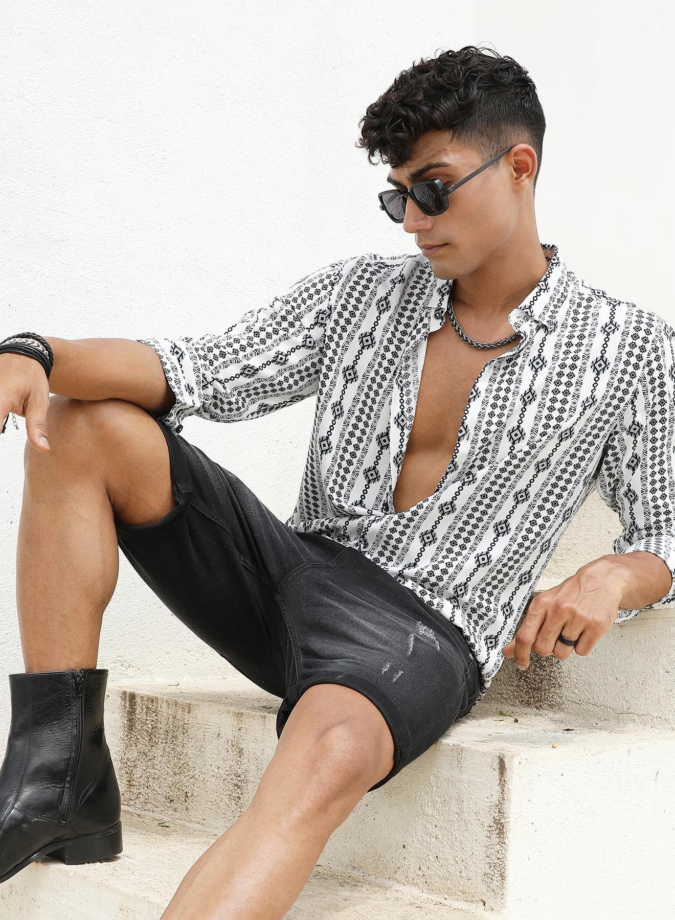Men's Black & Grey Geometric Aztec Print Shirt