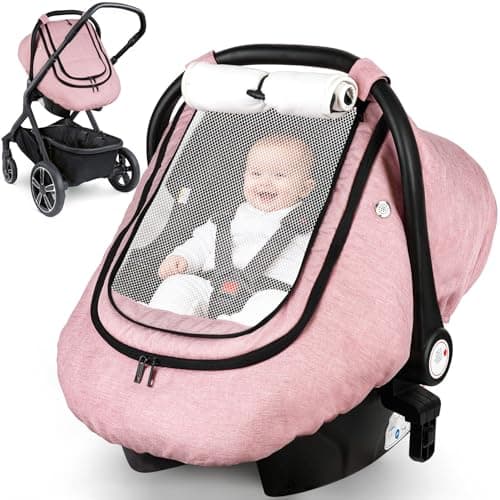 Rquite Car Seat Cover Baby Winter Carseat Covers Boy Girl Waterproof Infant Car Seat Cover Warm Car Seat Canopy for Cold Weather Windproof Baby CarrierStroller Cover with 2 Layers Windows Pink
