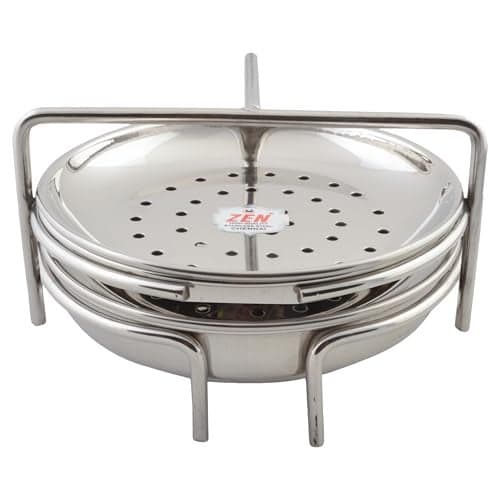 JAIN Stainless Steel 2in1 Thatte Idly Stand | Dhokla Holder & Idiappam Stand - 4 Plates Thatte Idli Plate with Stand & Momos Steamer Stand (2 Thatte Idly Plates, 2 Idiappam Plates, 1 Stand) (Stand Height - 10 cm: Stand Width - 15cm), Silver