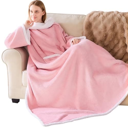 IFNOW Sherpa Wearable Blanket with Sleeves for Women Men Adults, Christmas Birthday Gifts for Women Mom Wife, Cozy Wearable Blanket with Arm and Pocket, Warm Full Body TV Wrap Throw Blanket, Pink