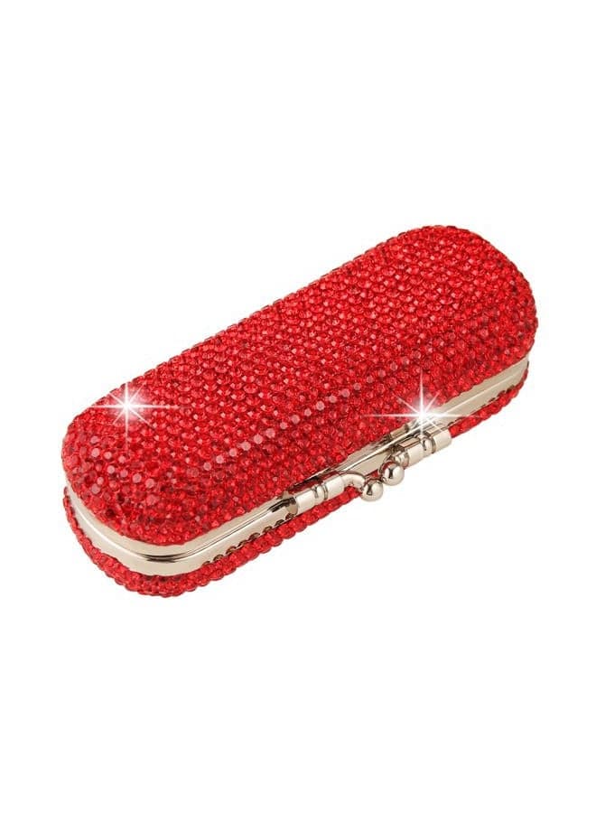 Shiny Rhinestone Crystal Portable Lipstick Case with Mirror Portable Bling Diamonds Makeup Cosmetic Storage Holder for Travel Ladies Fashion (Red)