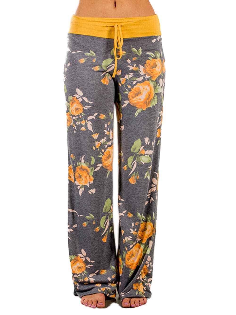 iChunhua Women's Comfy Stretch Floral Print Drawstring Palazzo Wide Leg Lounge Pants(M,Yellow)