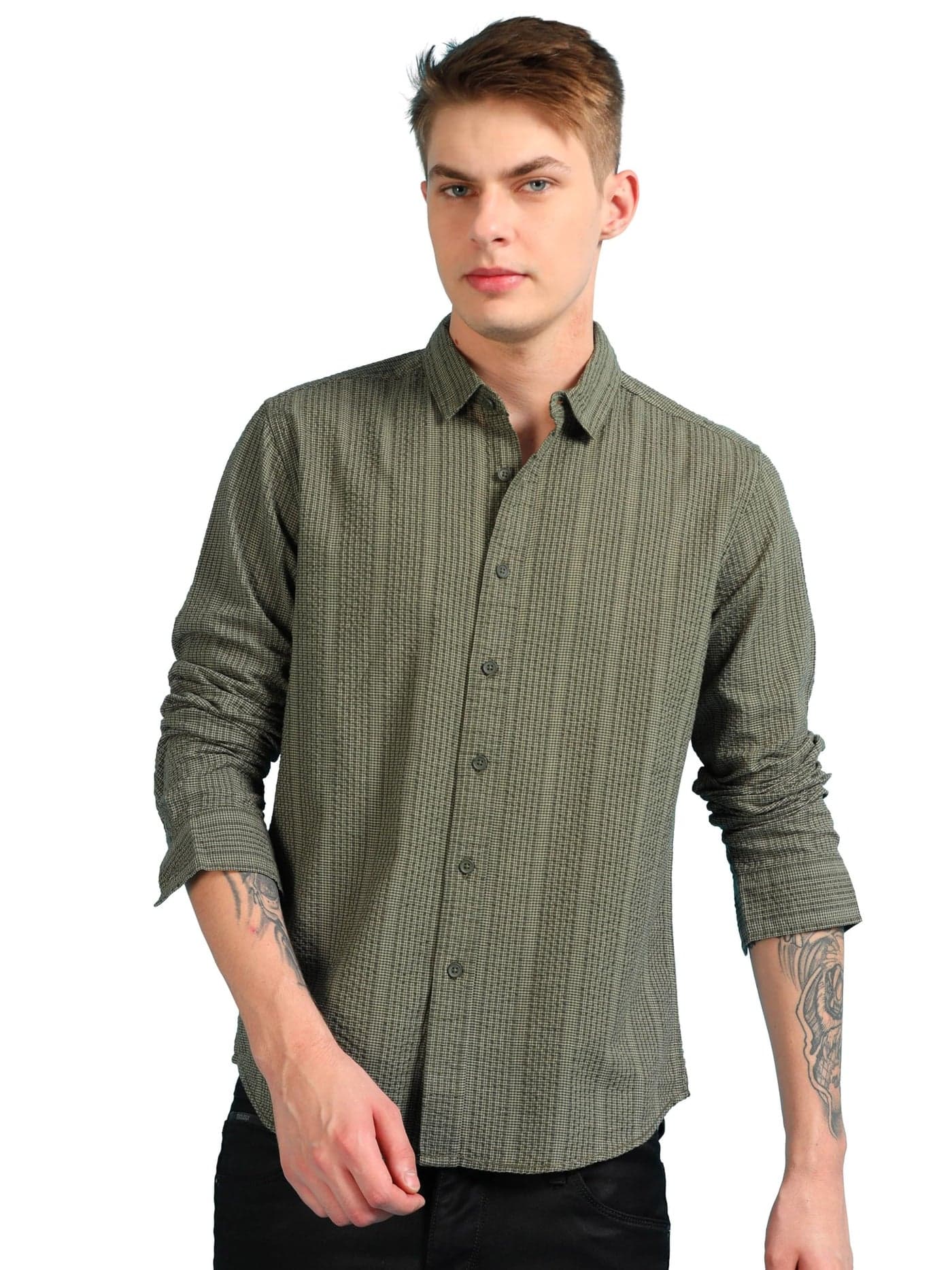 StitchX Men's Full Sleeve Textured Casual Shirt Moss Green S