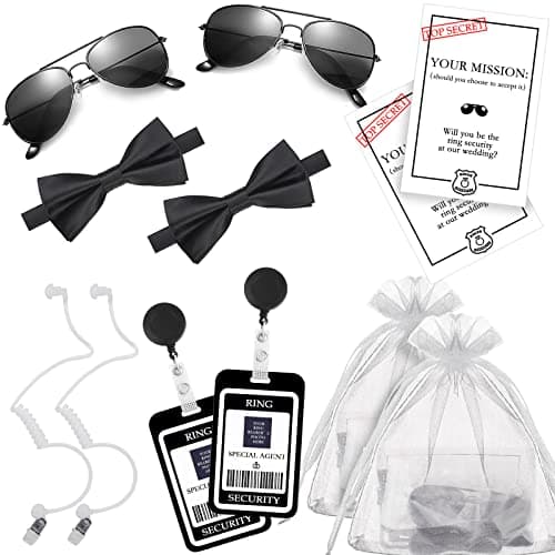 DONSAJI Ring Security Wedding Ring Bearer Gifts Proposal Bow Tie Sun Glasses Earpiece and RingBearer Card for Kids Outfit Spy FBI Cosplay Toys2pcs