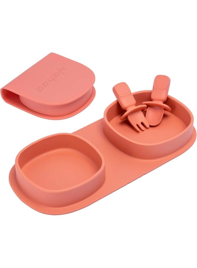 yahaa Toddler Plates Travel Essential on the go, Baby Plates with Forks and Spoons Self Feeding 6 months, Foldable, Silicone, BPA Free, Watermelon