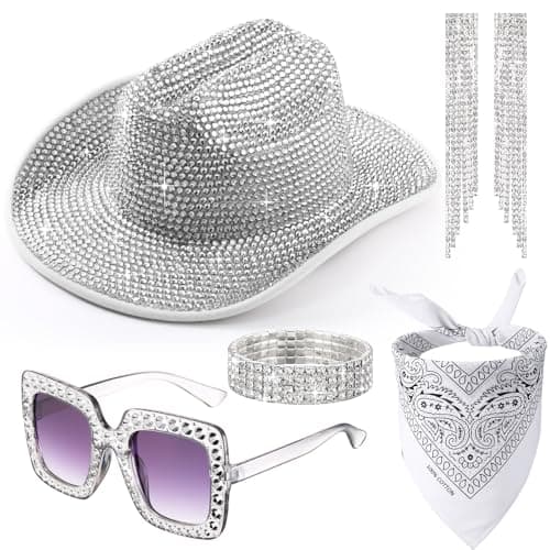 Cuffbow 5 Set Cowgirl Hat for Women Bling Rhinestone Cowboy Sunglasses Hat Earring Bandana Halloween Outfit Cosplay Party(Silver)