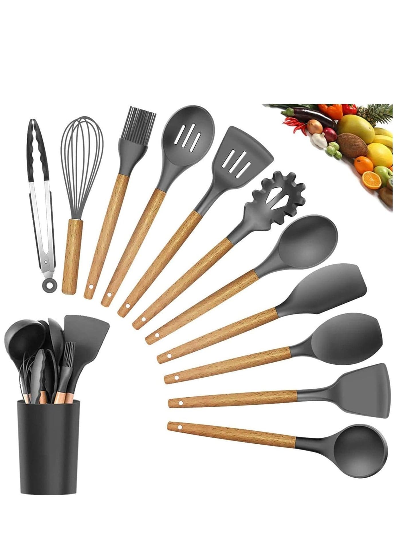 Silicone Cooking Utensil Set, 12 Piece, Heat Resistant Spatulas and Spoons for Non-Stick Pots and Pans (Black)
