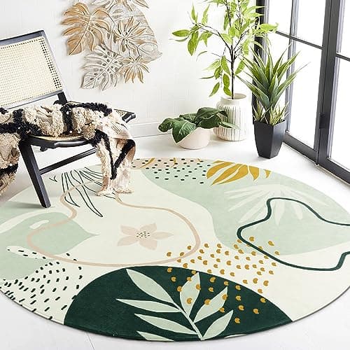 Lahome Green Washable Round Rug - 6Ft Round Area Rug for Living Room Throw Soft Boho Round Rug Large Non-Slip Round Dining Room Rug, Botanical Print Round Carpet for Bedroom Entryway Classroom Dorm