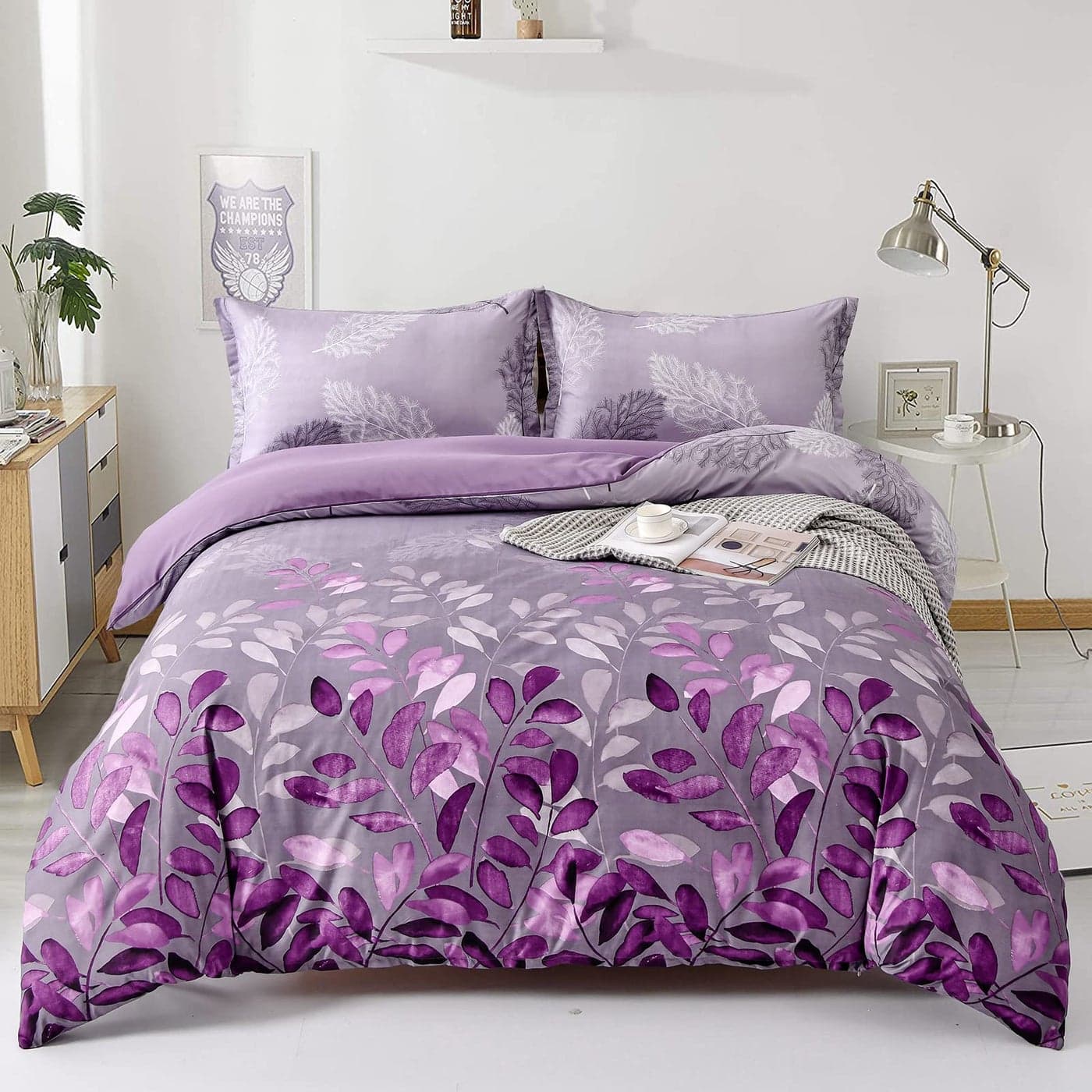 Purple Duvet Cover King Purple Floral Bedding Set Reversible Lightweight Leaves Bedding Sets 3pcs with Zipper Closure King 220x230cm
