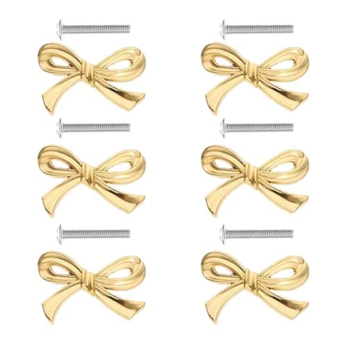 FUCIHOMA 6 PCS Brass Bow Shape Cabinets Knobs Gold Drawer Pulls Decorative Bow Cupboard Pull Handles for Home Kitchen Cabinet Hardware Cupboard Dresser Wardrobe