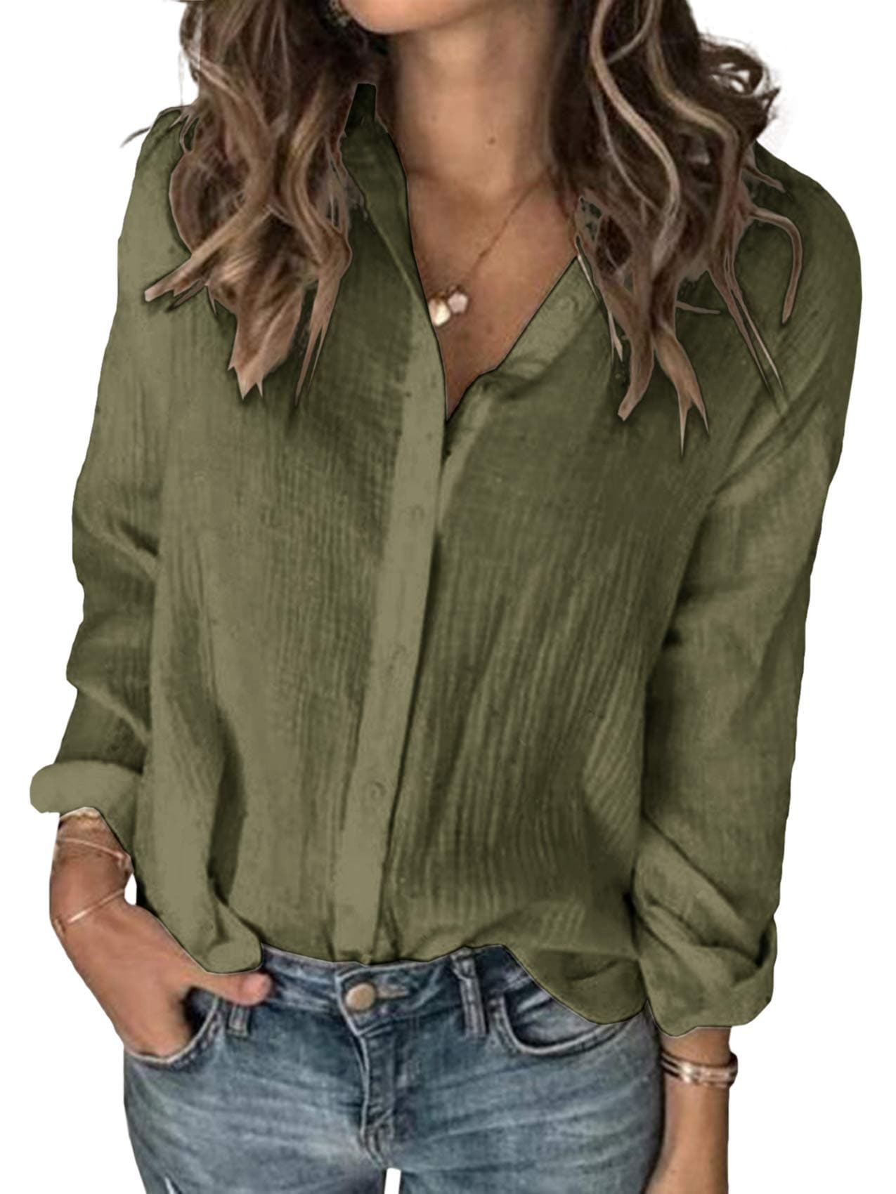 Karlywindow Womens Long Sleeve Button Down Cotton Linen Shirt Blouse Loose Fit Casual V-Neck Tops Army Green