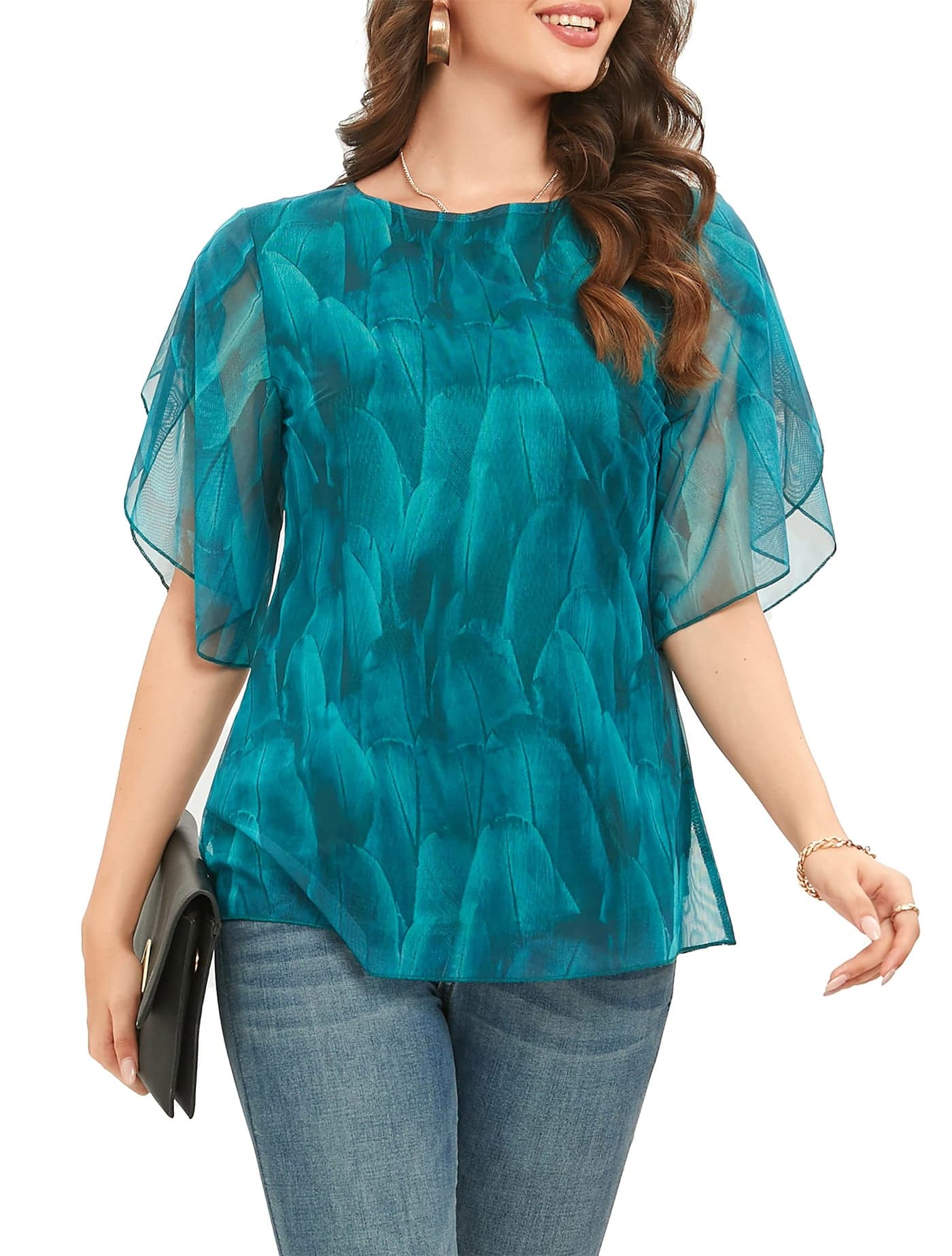 Oyamiki Women's Loose Fit Dressy Tunic Tops Dressy Casual Round Neck Shirts 3/4 Sleeve Mesh Blouses