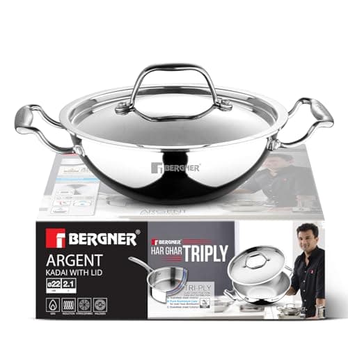 BERGNER Argent Triply 22cm Kadai with Stainless Steel Lid, 2 Liters Kadhai, Even and Faster Heating, Consumes Less Oil, Healthy Cooking, Stay Cool Cast Handles - Induction and Gas Stove Ready