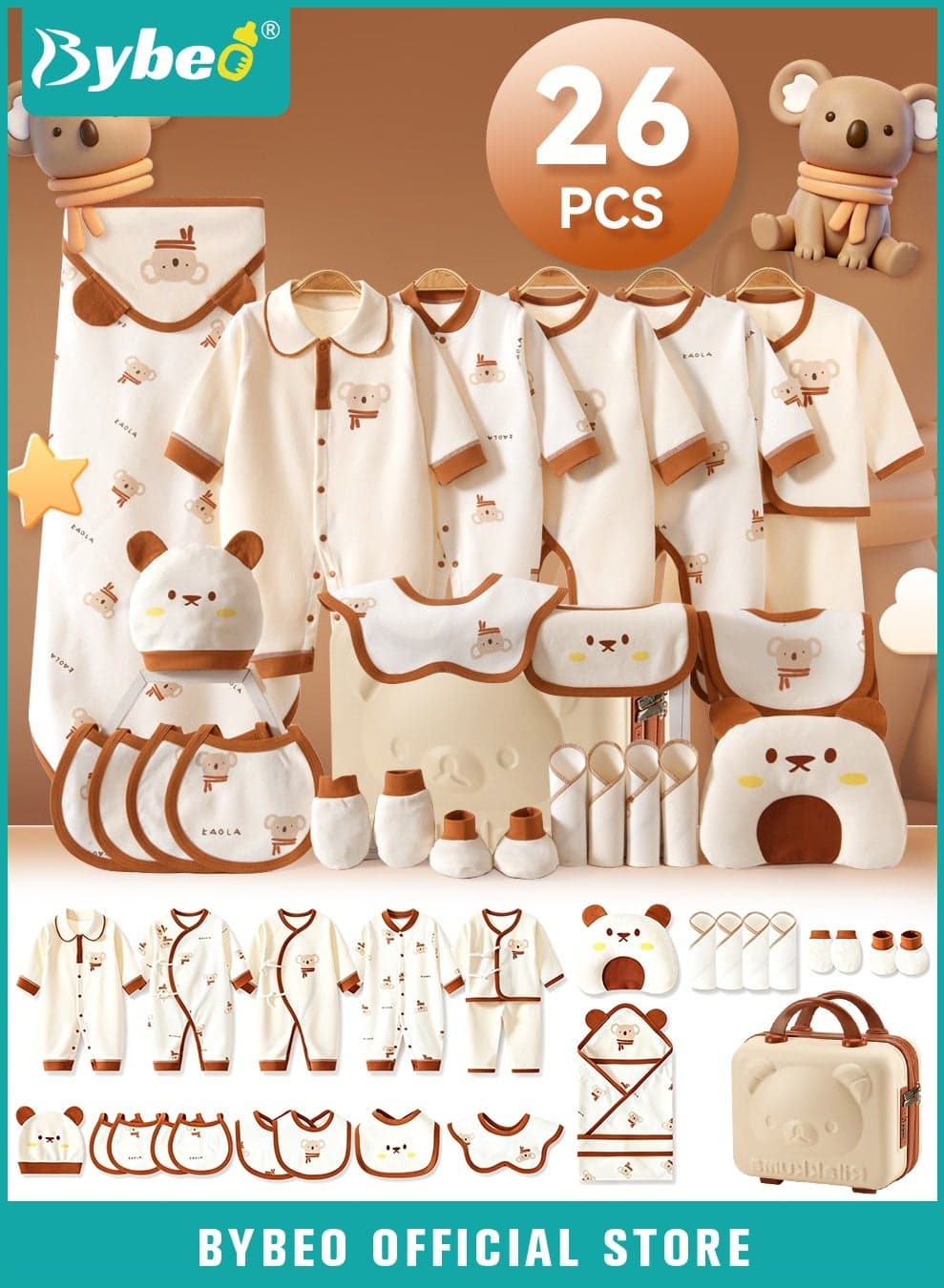 26PCS Newborn Baby Gifts Set, Newborn Layette Gift Set, Baby Clothes Accessories Set for Boys and Girls, Premium Cotton, Perfect Gift Suitcase for Spring Summer Autumn Winter Four Seasons