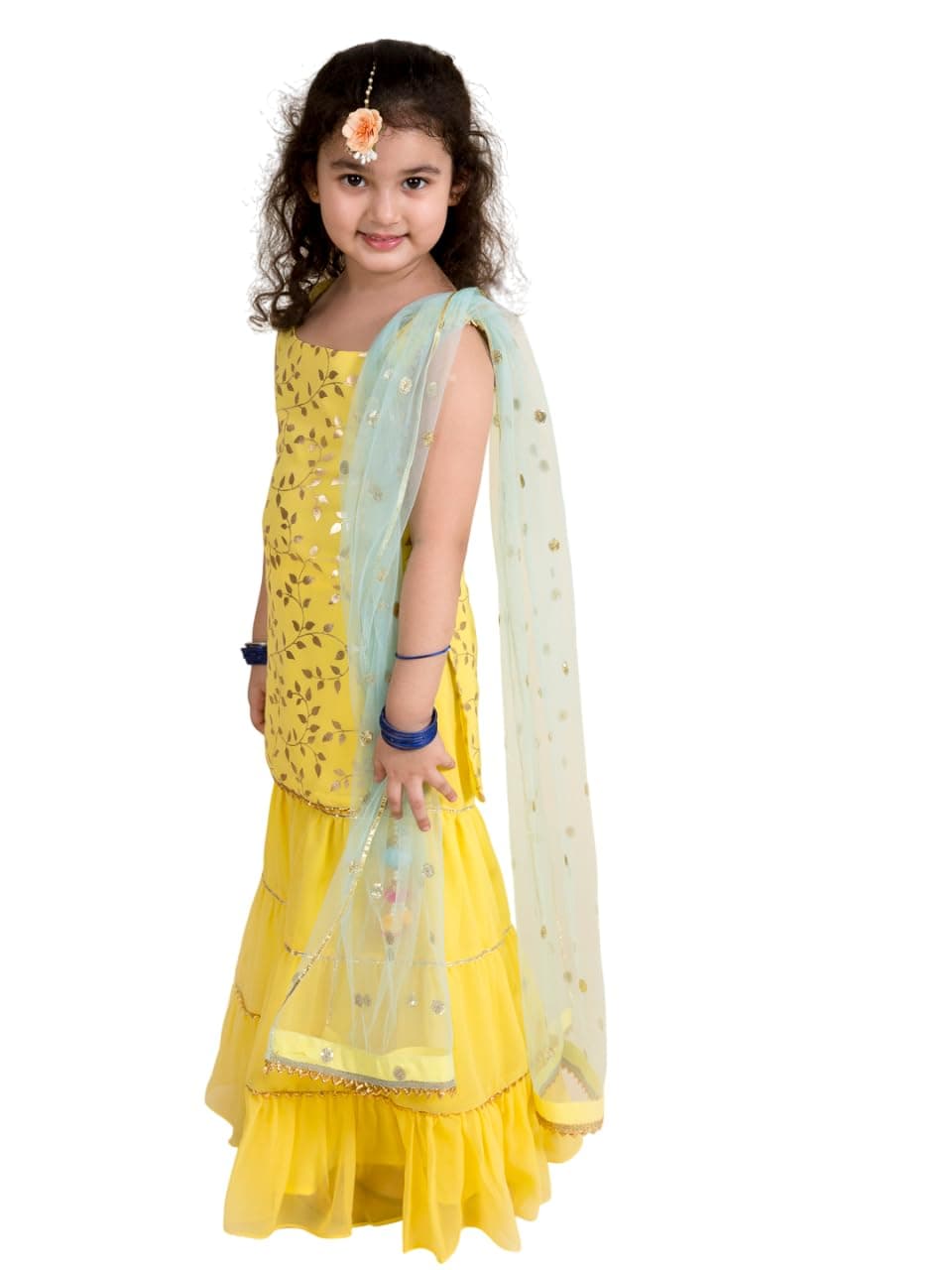 Pspeaches Girls Embroidered Georgette Sleeveless Square Neck Kurti And Sharara With Dupatta 3 Piece Set|Ethnic Wear For Kids Girls|Traditional & Festive Outfit 4-5 Year Yellow