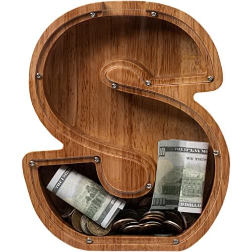 ladenk 12 Inch Extra Large Wooden Kids Letter Piggy Bank Piggy Bank for Boys Girls Initial S Bank Alphabet Money Bank for Birthday