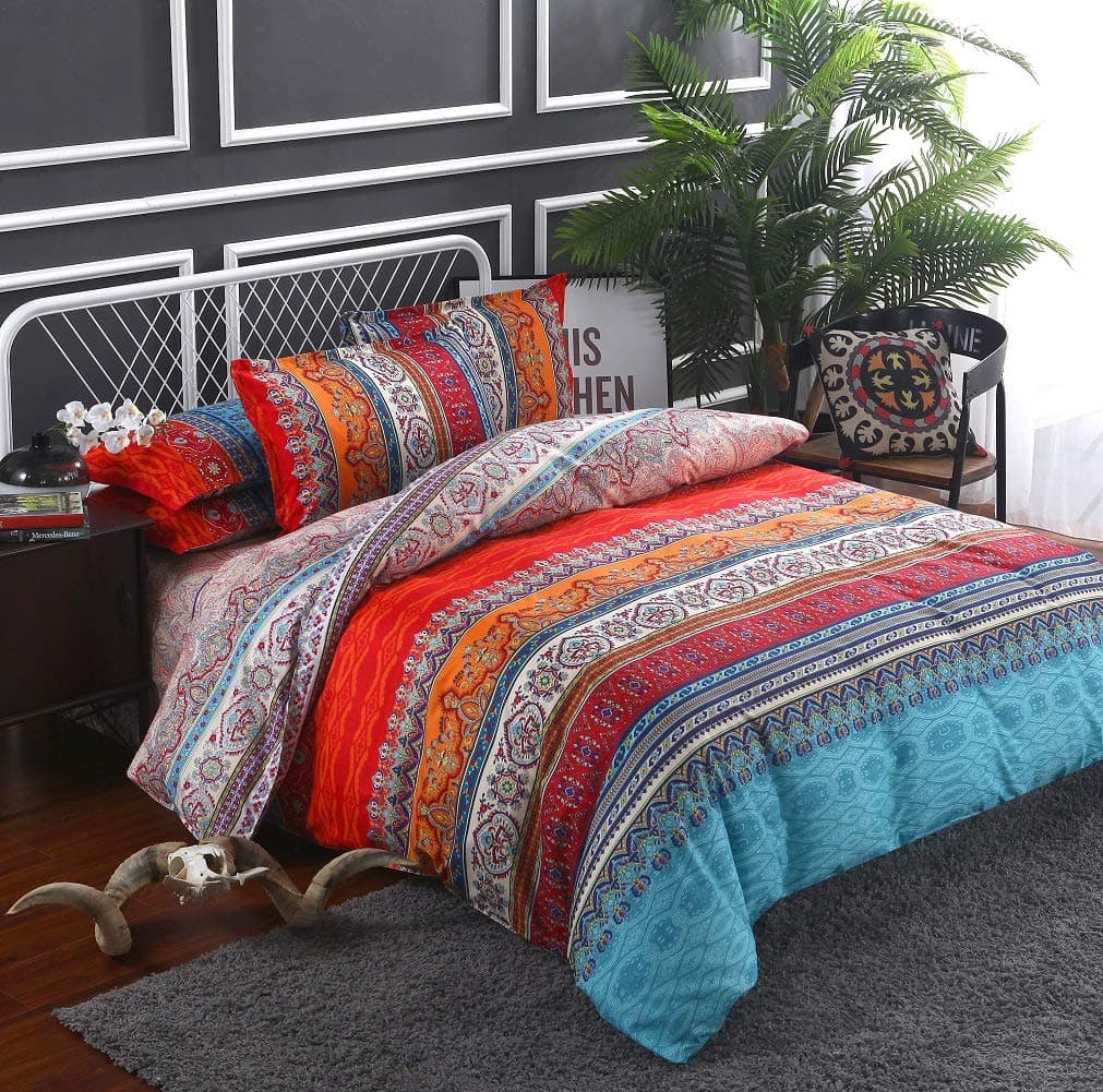 Boho Duvet Cover Queen, 100% Microfiber Ethnic Boho Colorful Bedding Set for Men Women, Blue Yellow Orange Modern Geo Aztec Print Duvet Cover, with Zipper Closure Luxury Soft Durable (Queen, 3pcs)