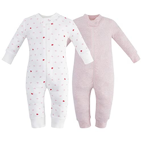 Owlivia Organic Cotton Baby Boy Girl Zip up Sleep N Play, Footless, Long Sleeve(12-18 Months, Pink Melange & Pink Heart)