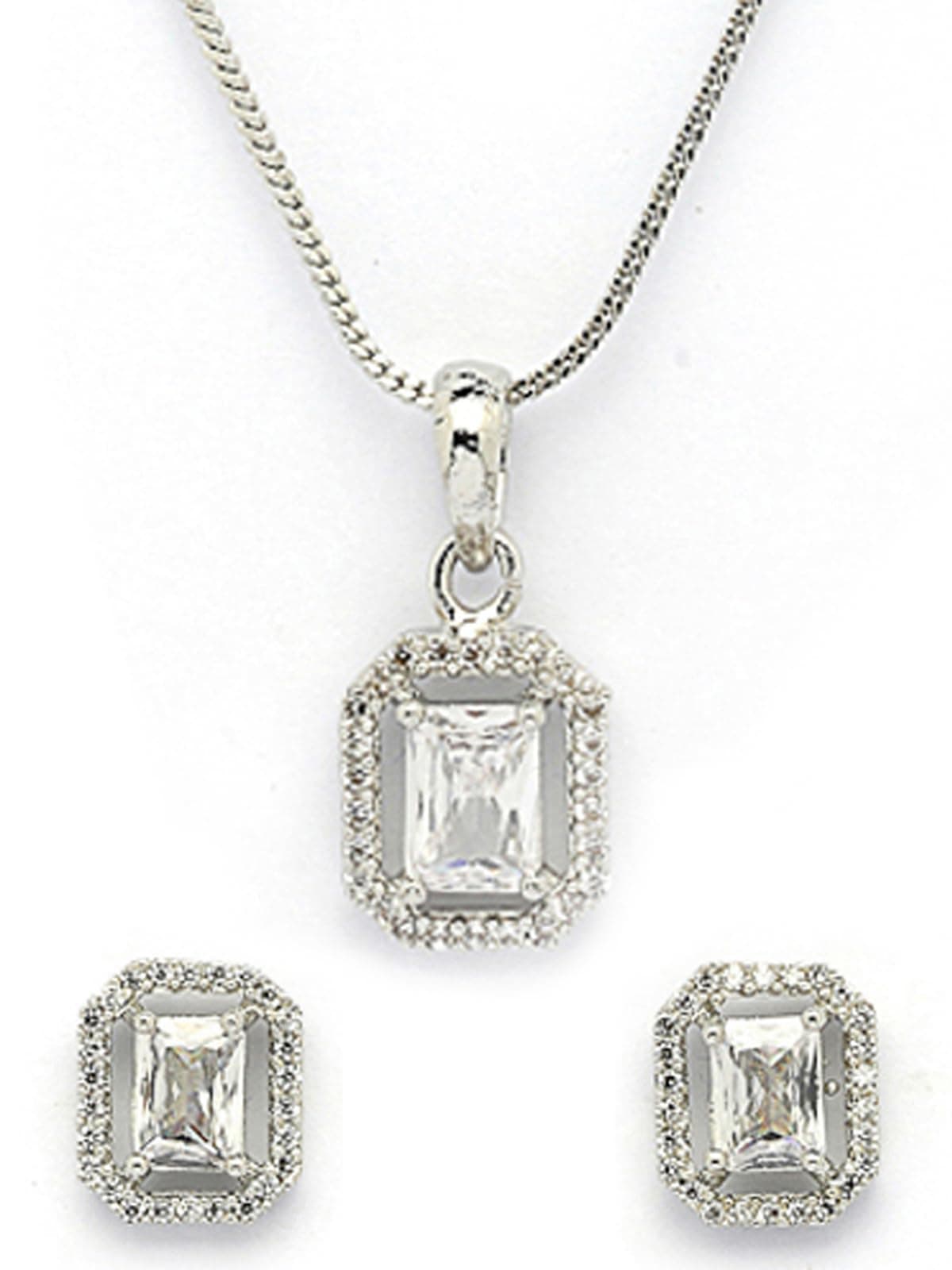 Sukkhi Most Beautiful Stylish Rhodium Plated Silver Toned White Cubic Zirconia Studded Pendant with Chain & Studs Earrings Jewellery Set for Women & Girls |NS107372