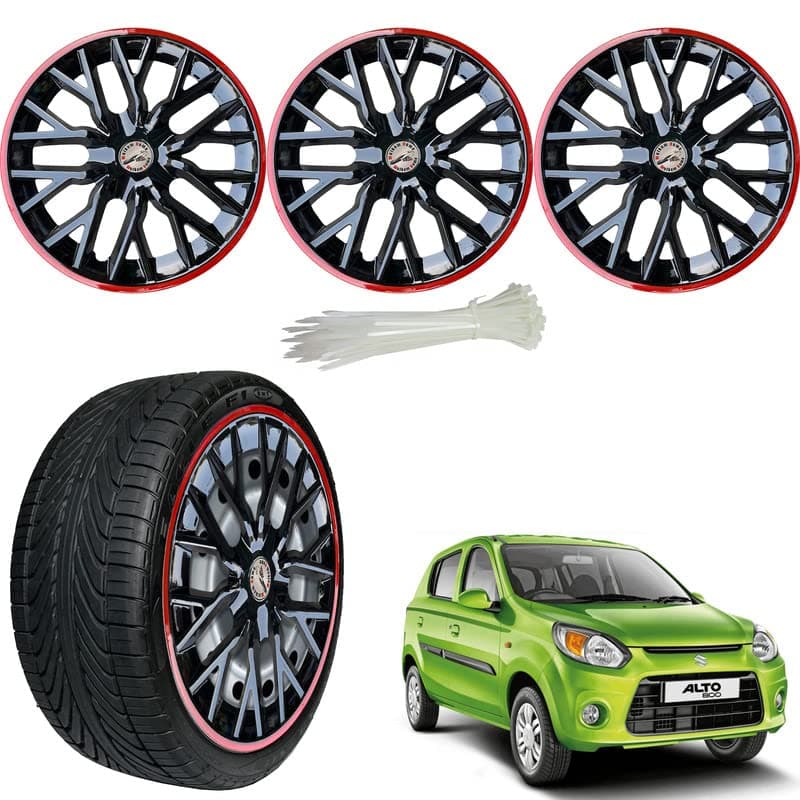 WolkomHome Car Accessories Wheel Cap, Hub Cap 12 Inch Wheel Cover Delta Black Red Ring Set of 4 Wheel Cap for Alto 800 2016