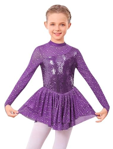ODASDO Figure Skating Dress for Girls Ice Skating Kids Teenager Girl Mesh Long Sleeve Sparkly Rhinestones Sequin Skirted Leotard Gymnastics Competition Ballet Outfit Dancewear Purple 1112 Years