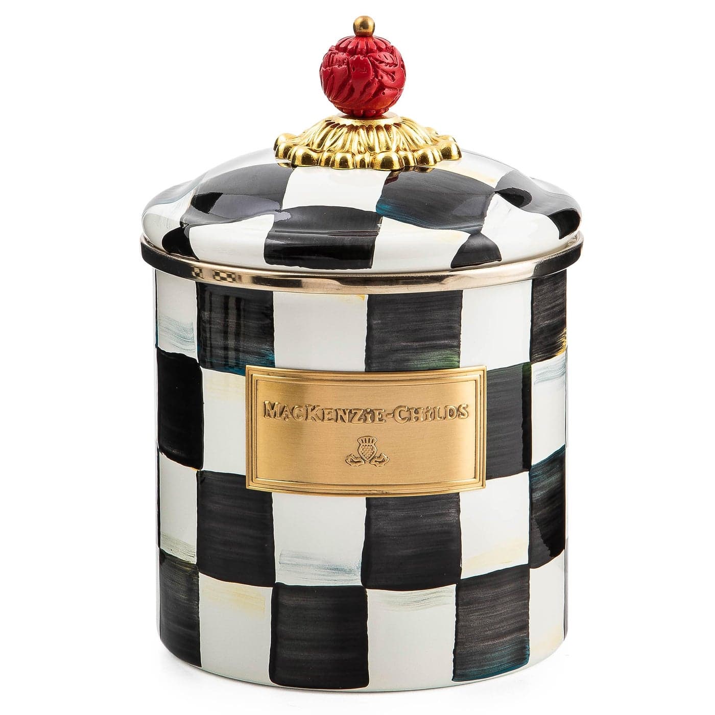 MACKENZIE-CHILDS Courtly Check Enamel Canister, Black-and-White Kitchen Storage Container with Lid, Small