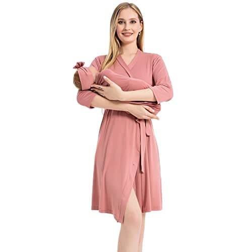 Galabloomer Maternity Robe and Baby Receiving Blanket, Matching Mommy Labor Delivery Robe and Swaddle Set Dusty Rose