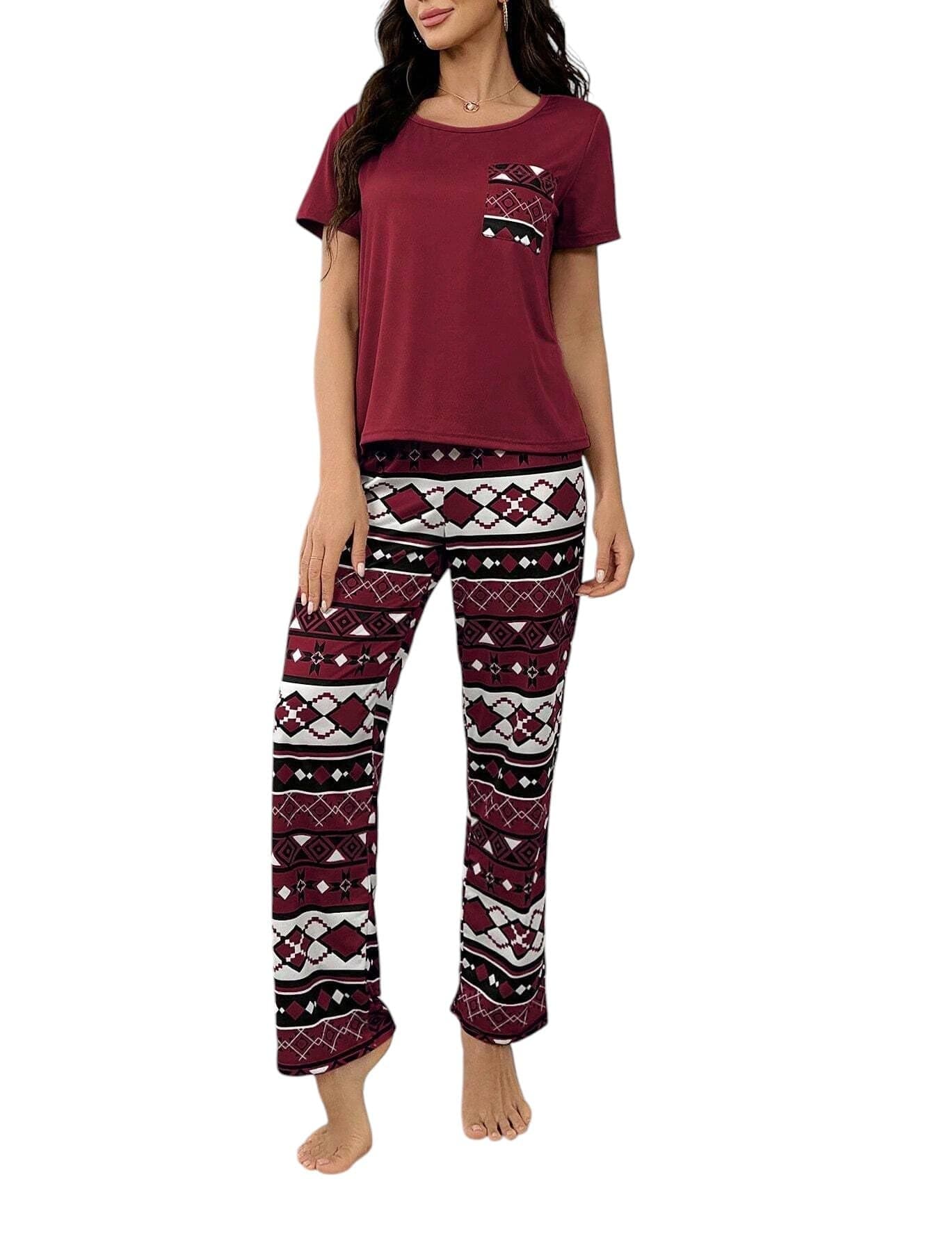 LITZO Womens Night Suit || Printed Round Neck Short Sleeve Nightsuit Set | Pajama Set | Casual Night Dress for Women (L-25-L) Red